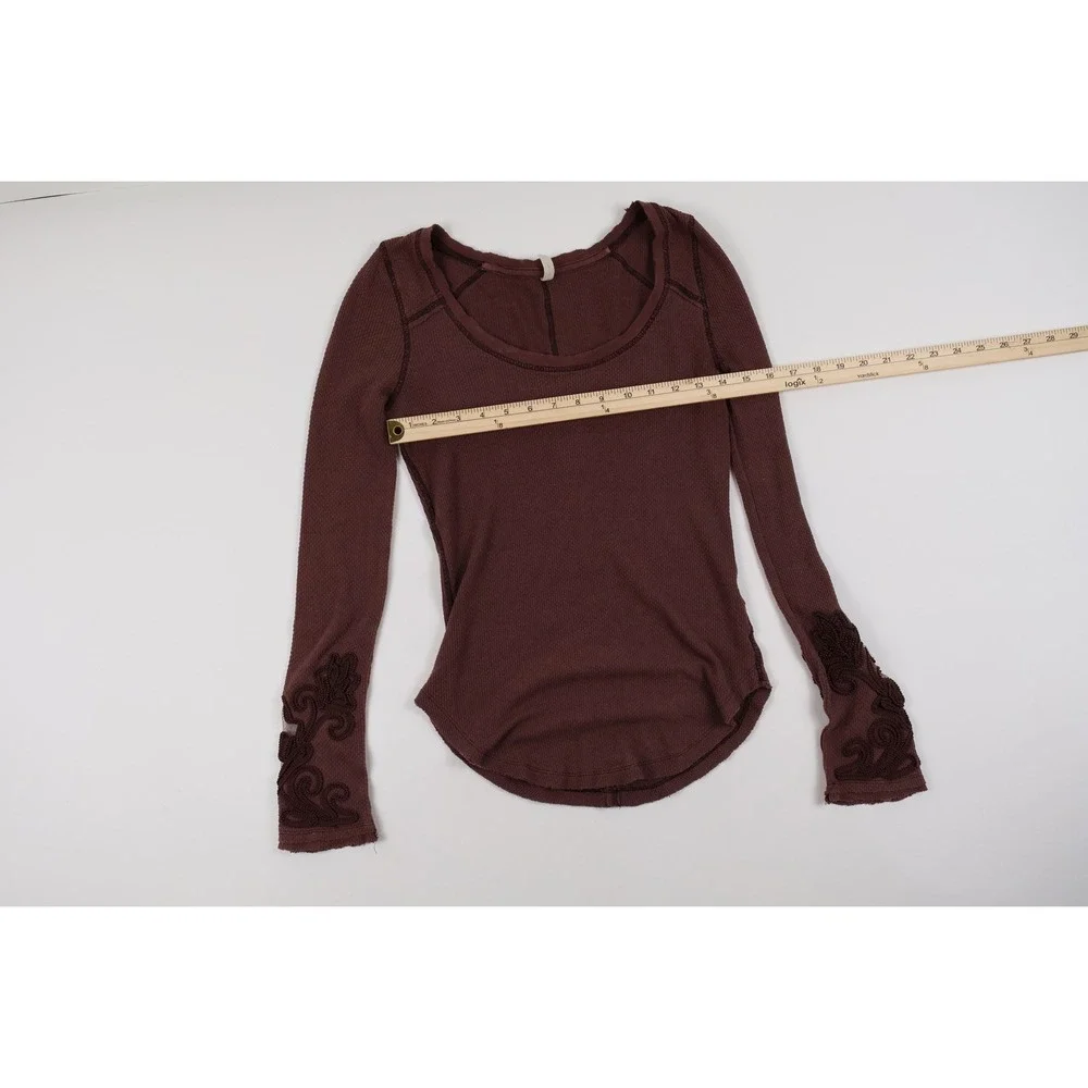 Free People Thermal Top Embroidered Cuff Brown Waffle Knit S Small